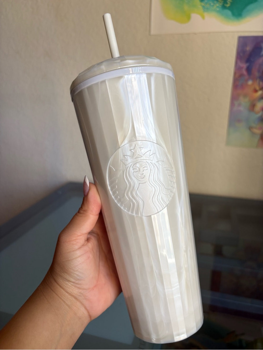 Starbucks Pearl White Ribbed Tumbler with Straw